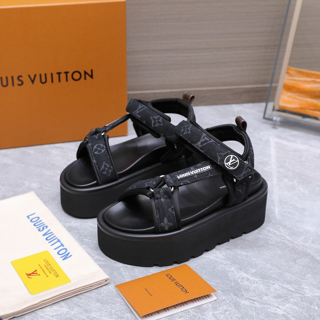 LV 26S CHAMELEON PLATFORM SANDALS 60MM IN BLACK MONOGRAM DENIM AND EVA