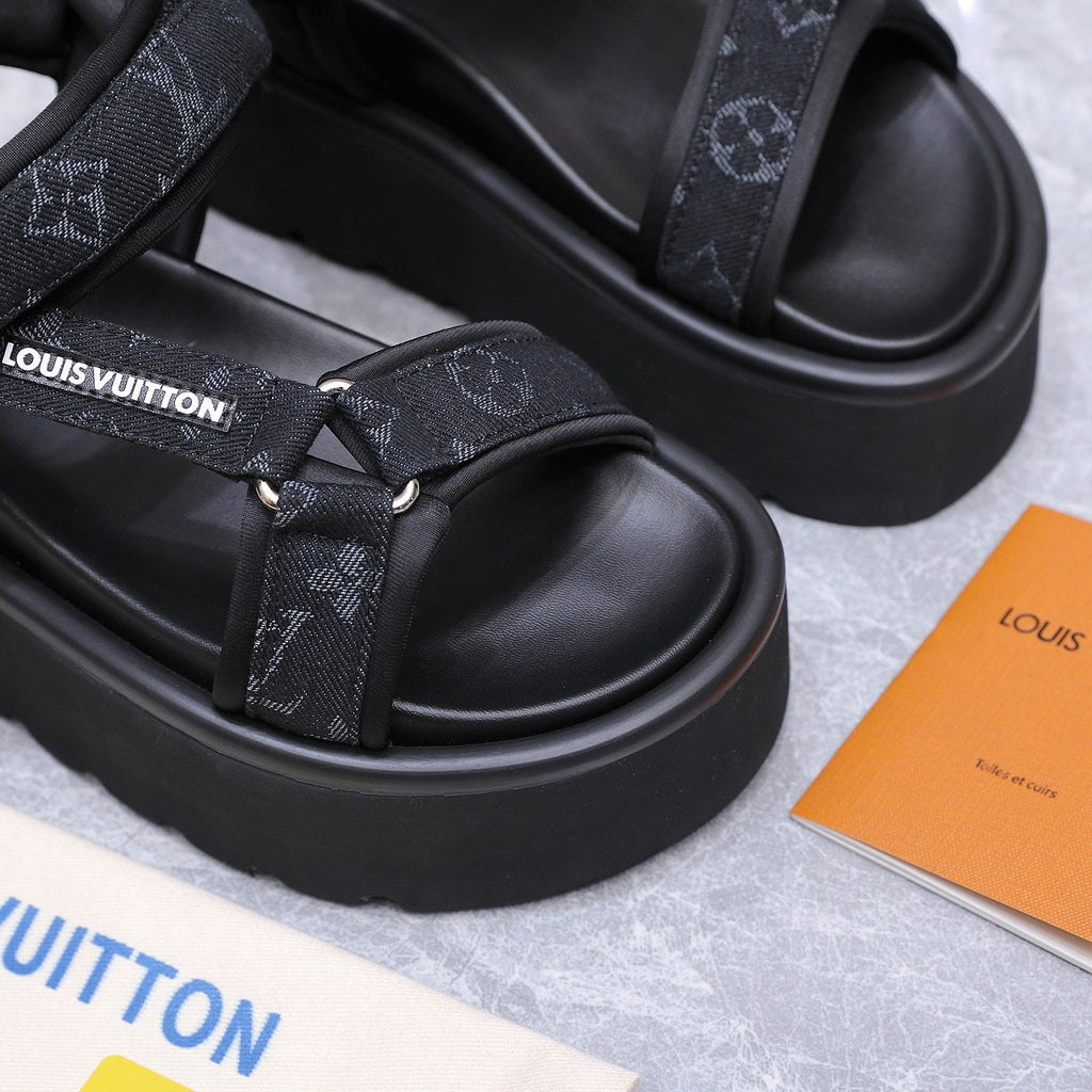 LV 26S CHAMELEON PLATFORM SANDALS 60MM IN BLACK MONOGRAM DENIM AND EVA