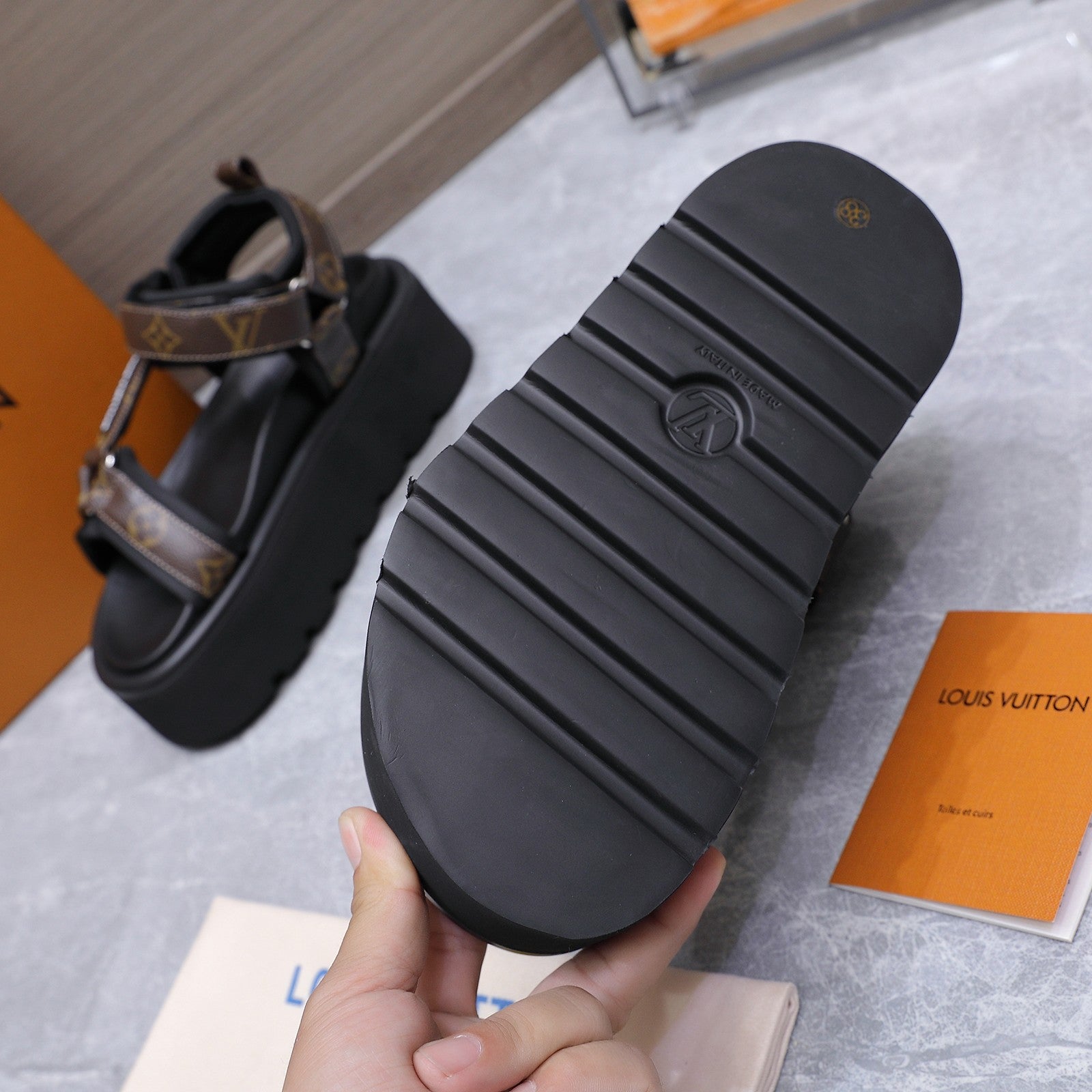 LV 26S CHAMELEON PLATFORM SANDALS 60MM IN DARK BROWN MONOGRAM CALFSKIN AND EVA