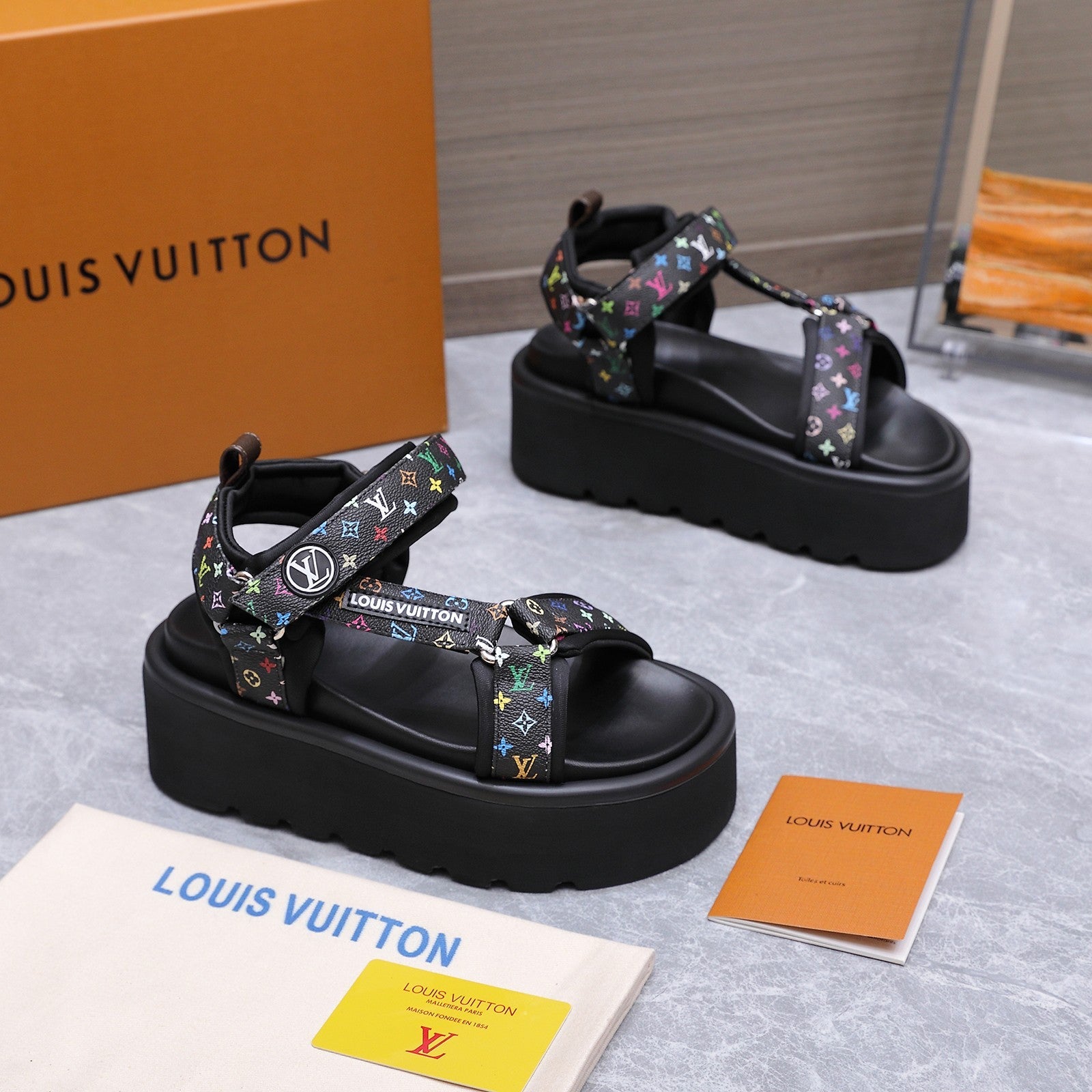 LV 26S CHAMELEON PLATFORM SANDALS 60MM IN BLACK MULTICOLOR MONOGRAM CALFSKIN AND EVA