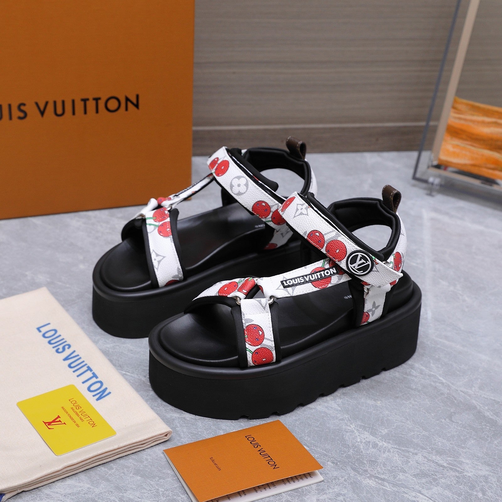 LV 26S CHAMELEON PLATFORM SANDALS 60MM IN WHITE CHERRY MONOGRAM CALFSKIN AND EVA