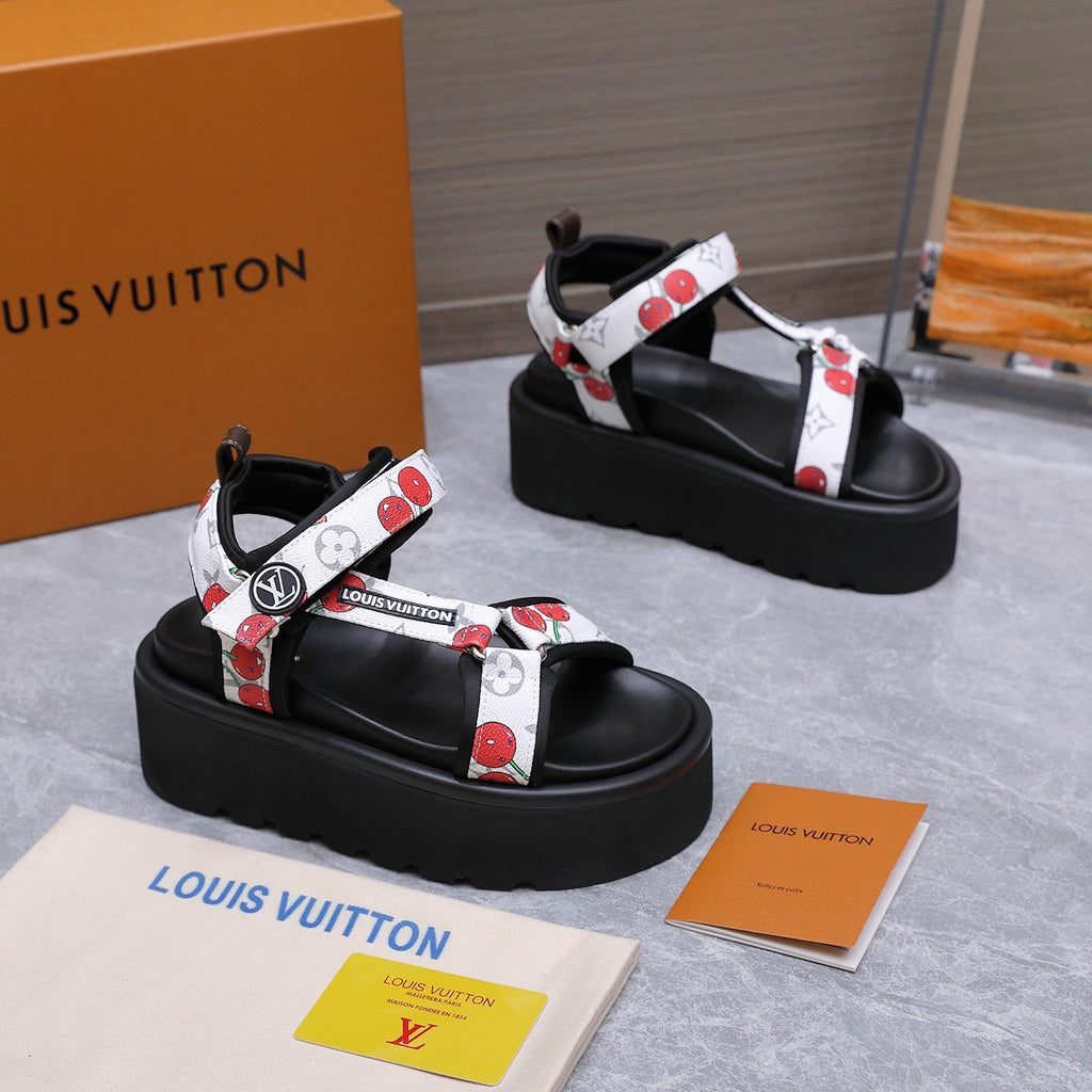 LV 26S CHAMELEON PLATFORM SANDALS 60MM IN WHITE CHERRY MONOGRAM CALFSKIN AND EVA