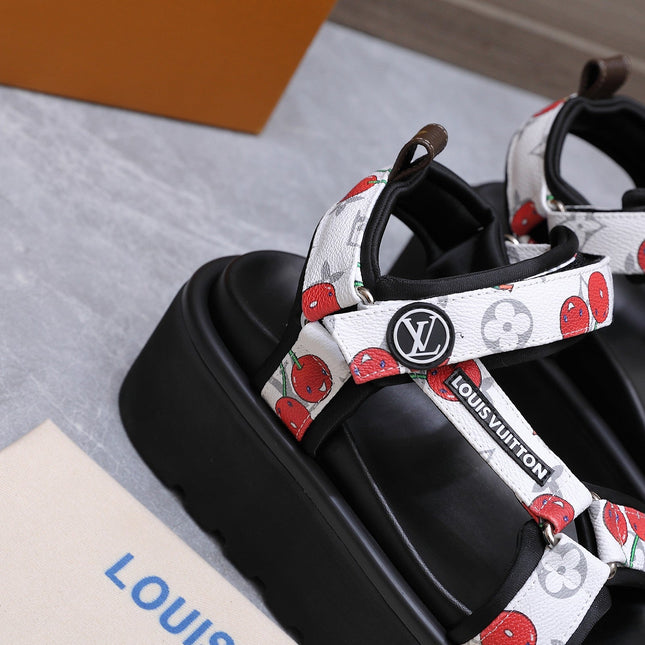 LV 26S CHAMELEON PLATFORM SANDALS 60MM IN WHITE CHERRY MONOGRAM CALFSKIN AND EVA