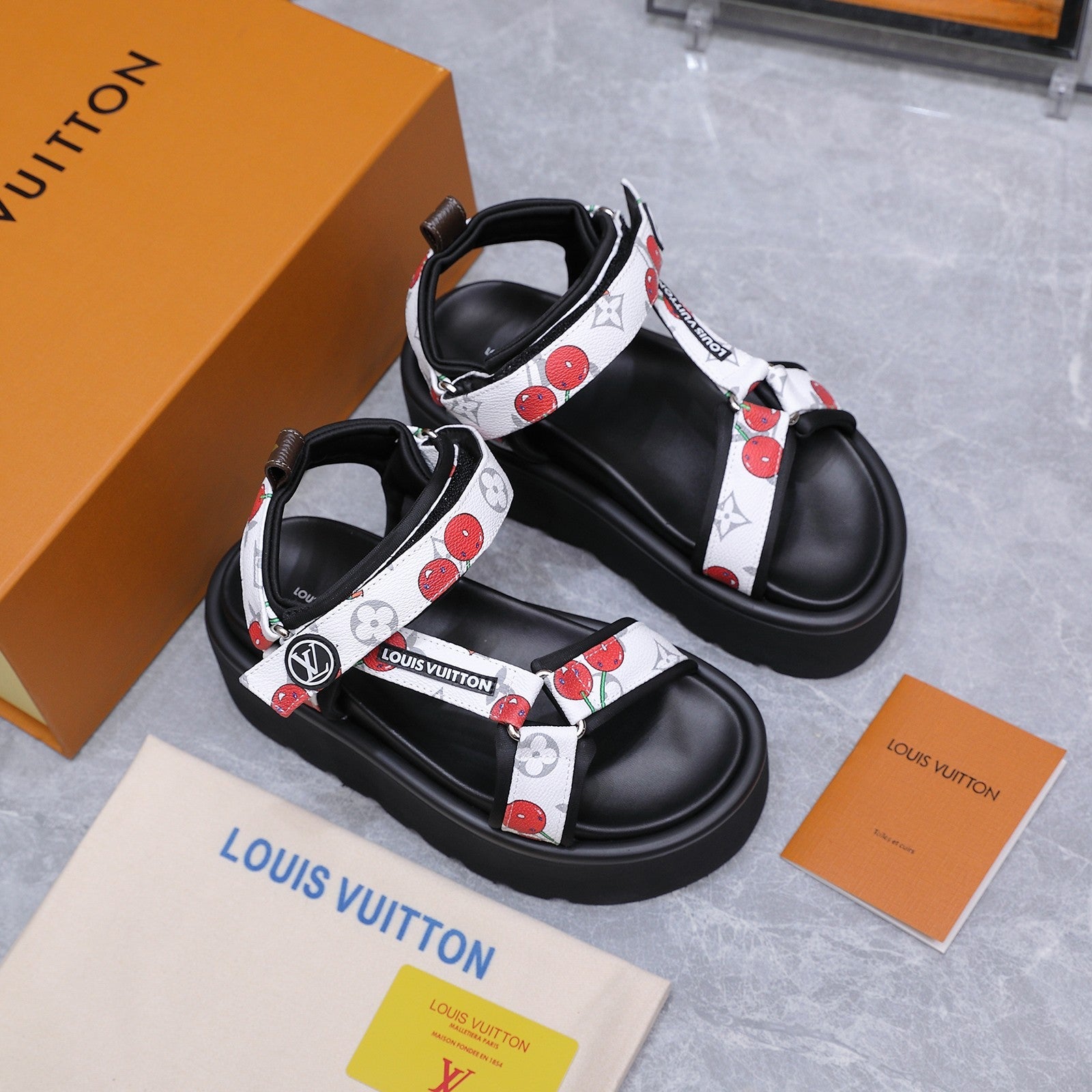LV 26S CHAMELEON PLATFORM SANDALS 60MM IN WHITE CHERRY MONOGRAM CALFSKIN AND EVA