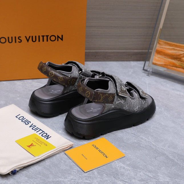 LV 26S CHAMELEON SANDALS 60MM IN GREY MONOGRAM COATED DENIM AND EVA