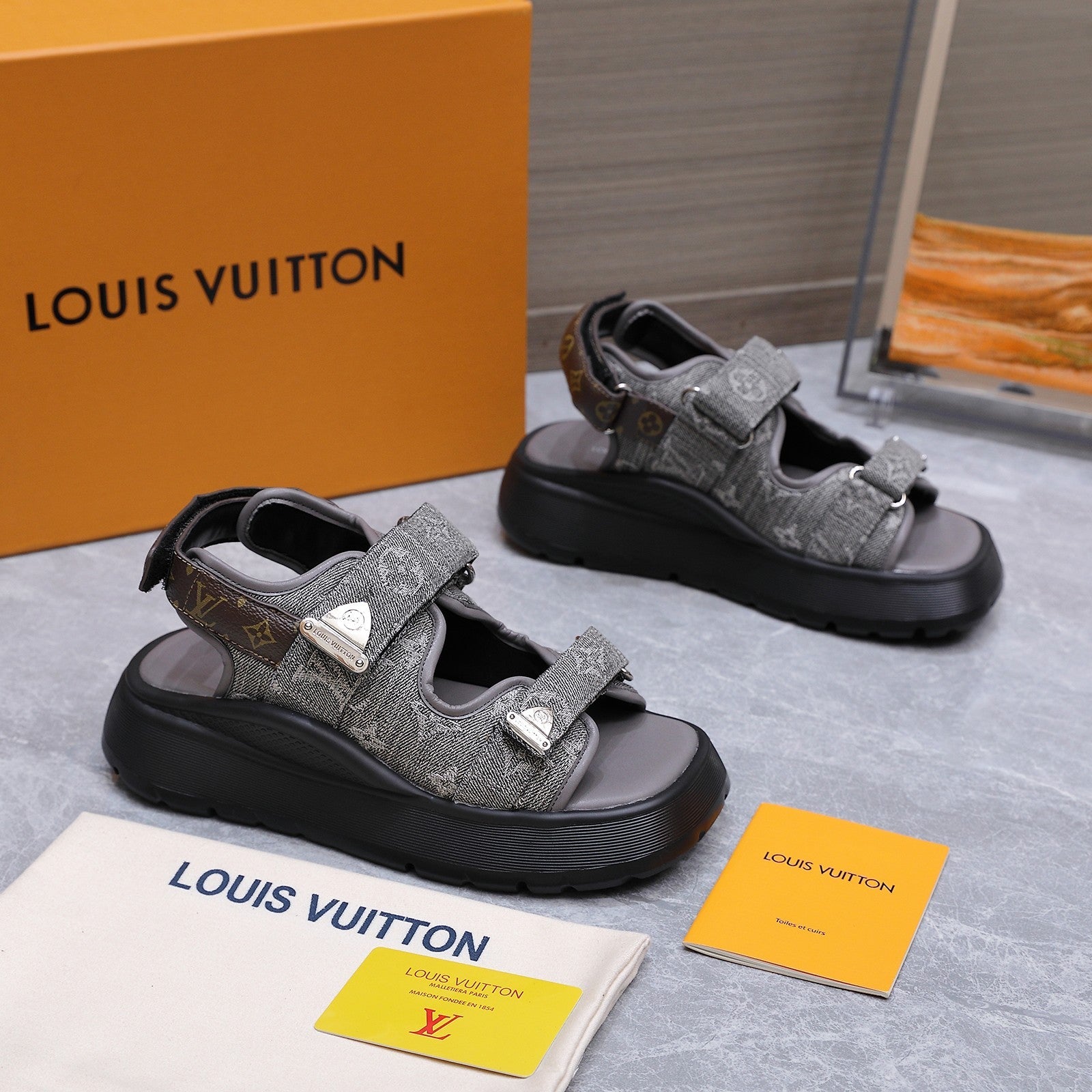 LV 26S CHAMELEON SANDALS 60MM IN GREY MONOGRAM COATED DENIM AND EVA