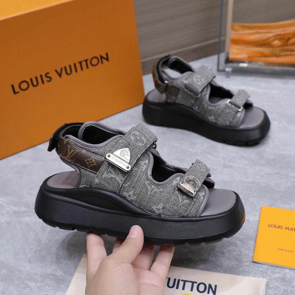 LV 26S CHAMELEON SANDALS 60MM IN GREY MONOGRAM COATED DENIM AND EVA