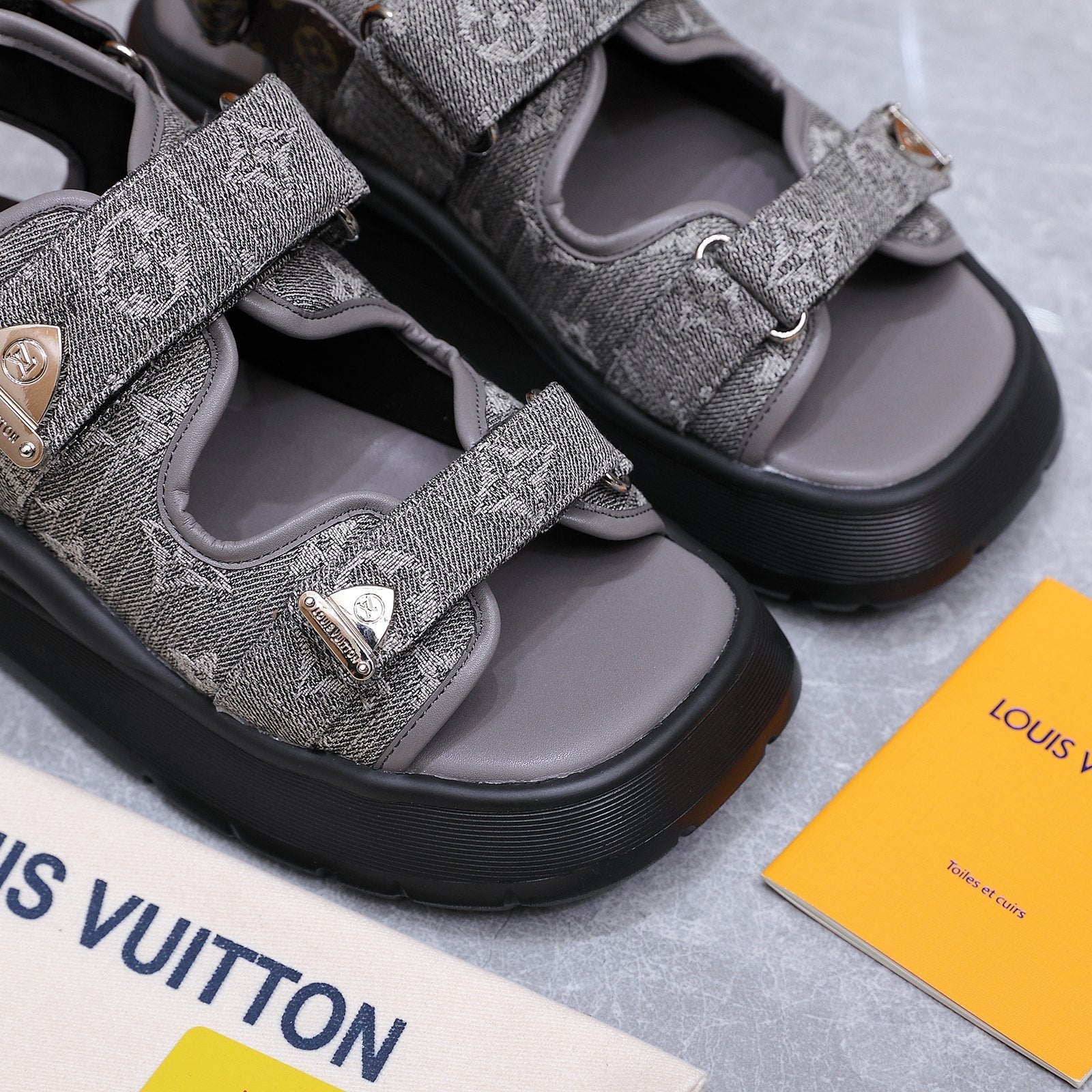 LV 26S CHAMELEON SANDALS 60MM IN GREY MONOGRAM COATED DENIM AND EVA