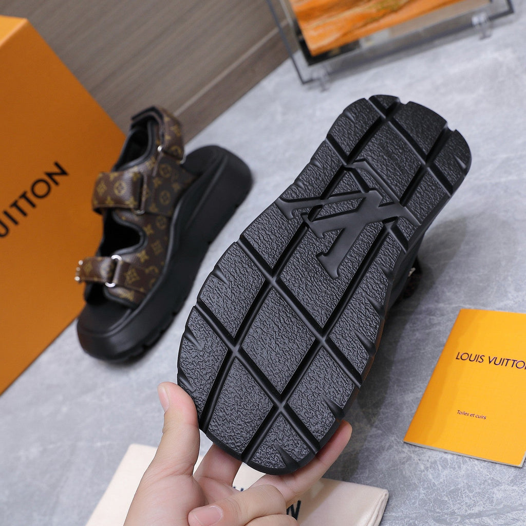 LV 26S CHAMELEON SANDALS 60MM IN DARK BROWN MONOGRAM COATED CALFSKIN AND EVA