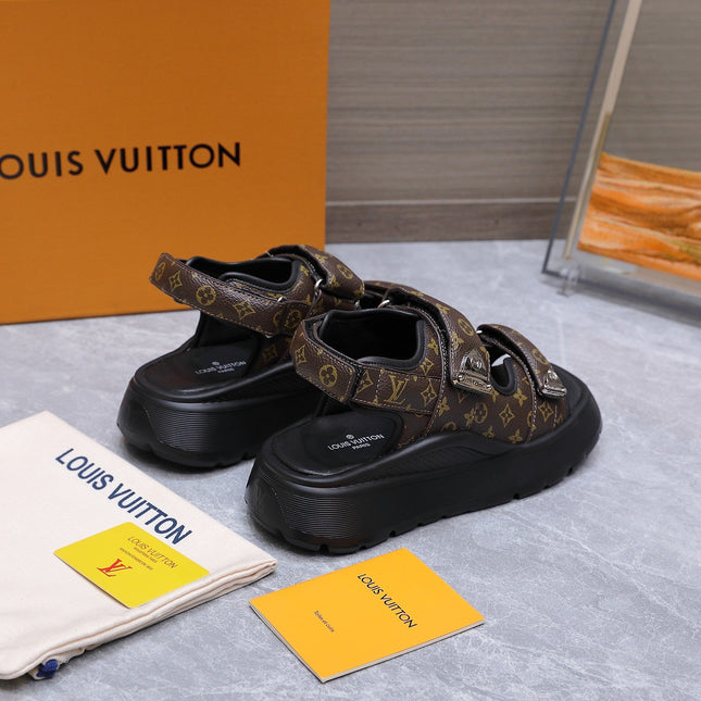 LV 26S CHAMELEON SANDALS 60MM IN DARK BROWN MONOGRAM COATED CALFSKIN AND EVA