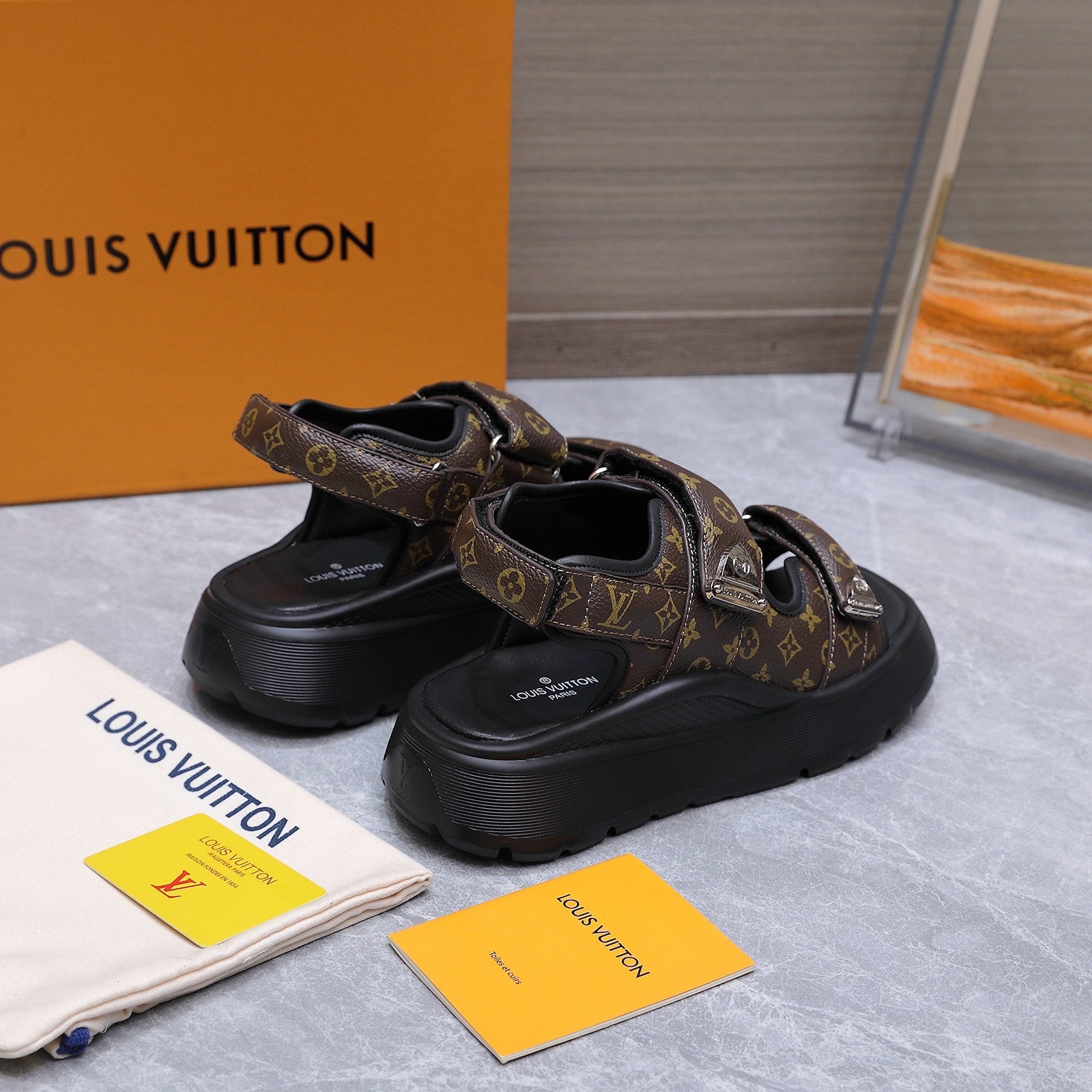 LV 26S CHAMELEON SANDALS 60MM IN DARK BROWN MONOGRAM COATED CALFSKIN AND EVA