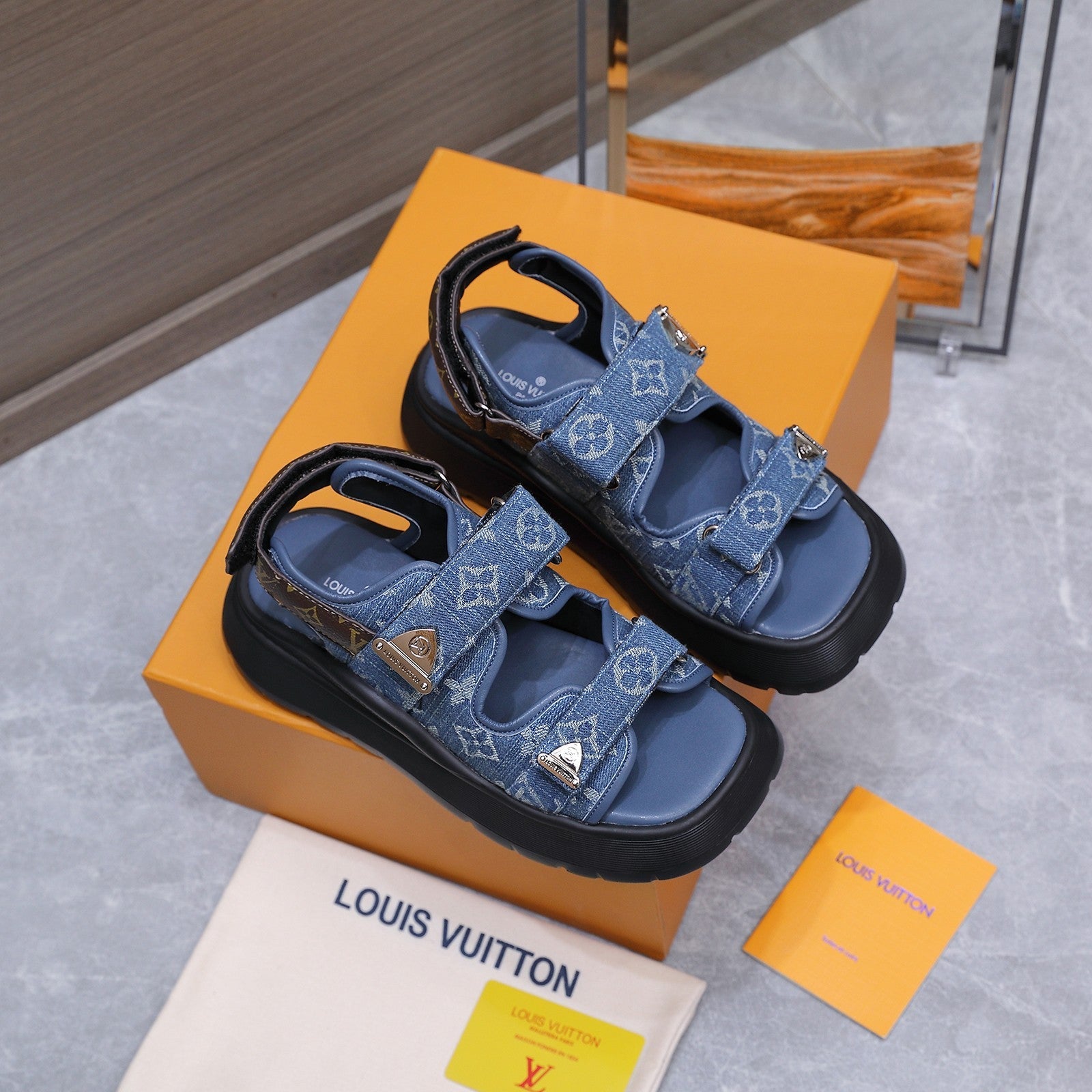 LV 26S CHAMELEON SANDALS 60MM IN BLUE MONOGRAM COATED DENIM AND EVA
