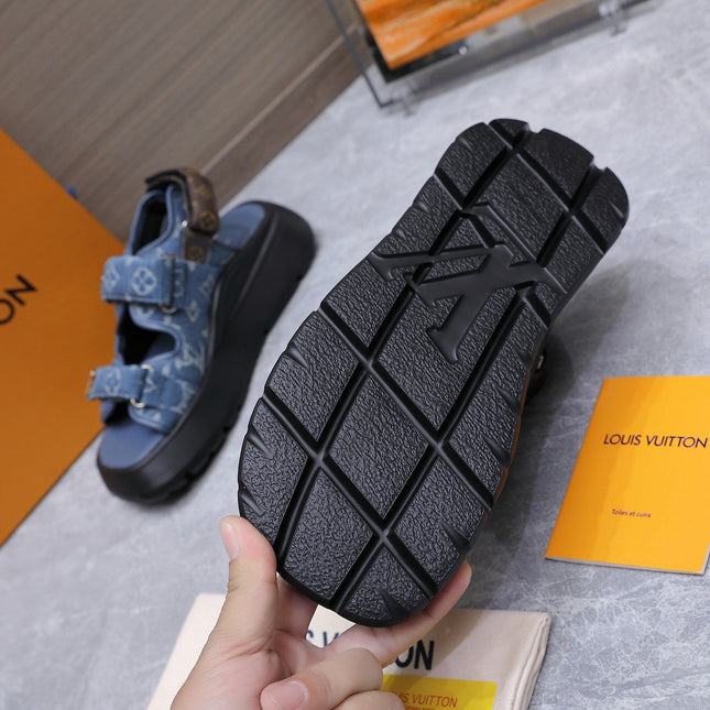 LV 26S CHAMELEON SANDALS 60MM IN BLUE MONOGRAM COATED DENIM AND EVA
