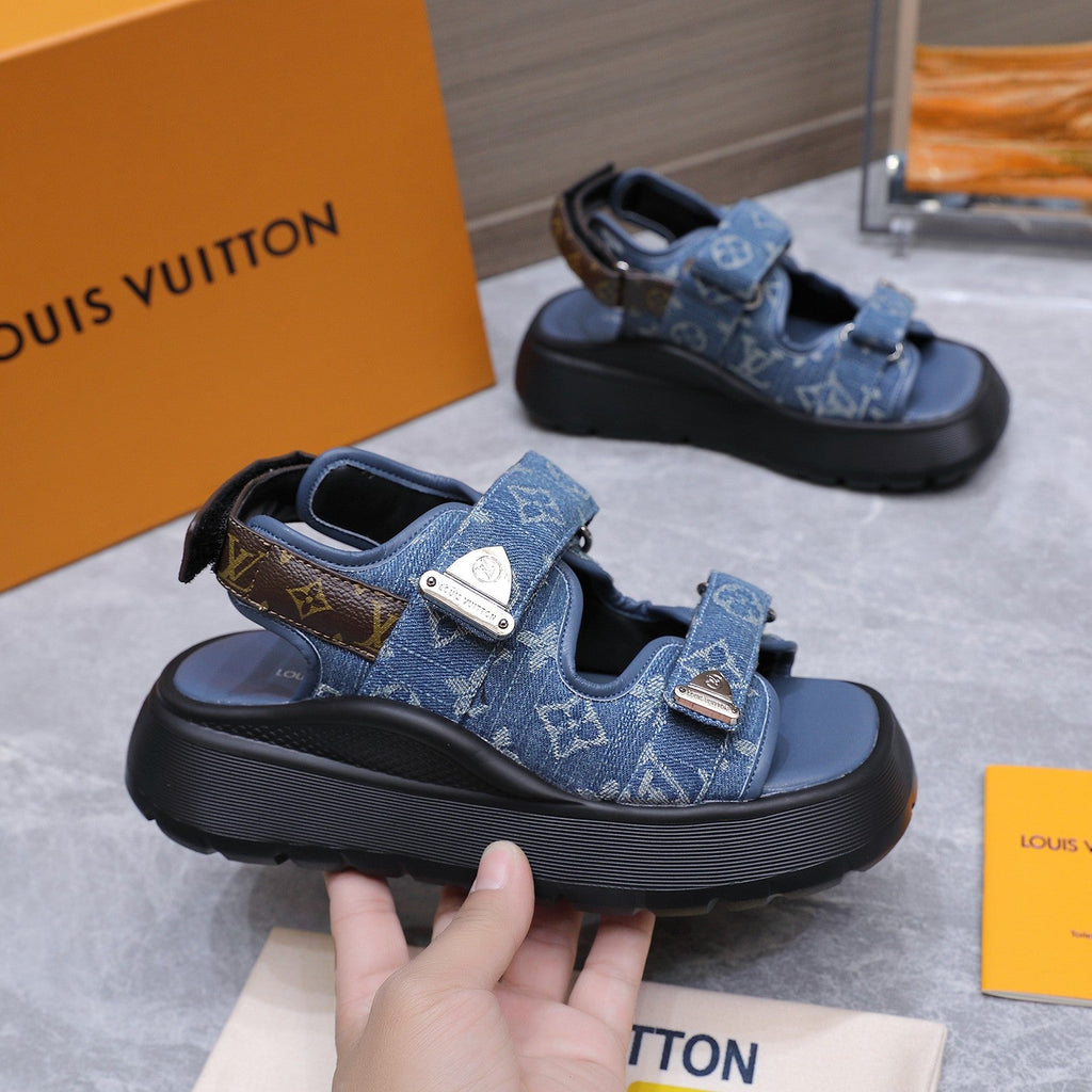 LV 26S CHAMELEON SANDALS 60MM IN BLUE MONOGRAM COATED DENIM AND EVA