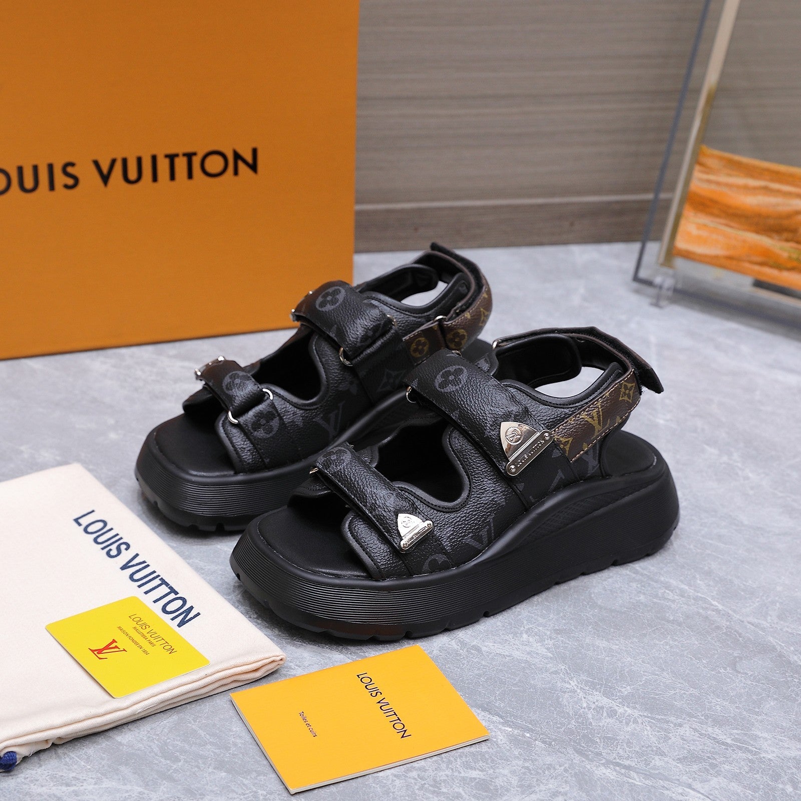 LV 26S CHAMELEON SANDALS 60MM IN BLACK MONOGRAM COATED CALFSKIN AND EVA