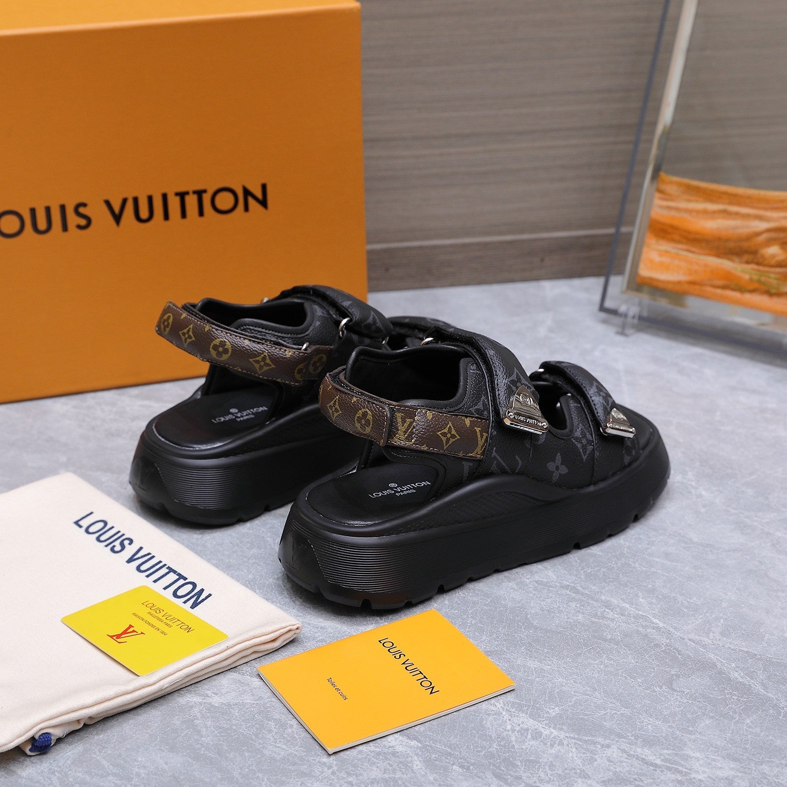 LV 26S CHAMELEON SANDALS 60MM IN BLACK MONOGRAM COATED CALFSKIN AND EVA