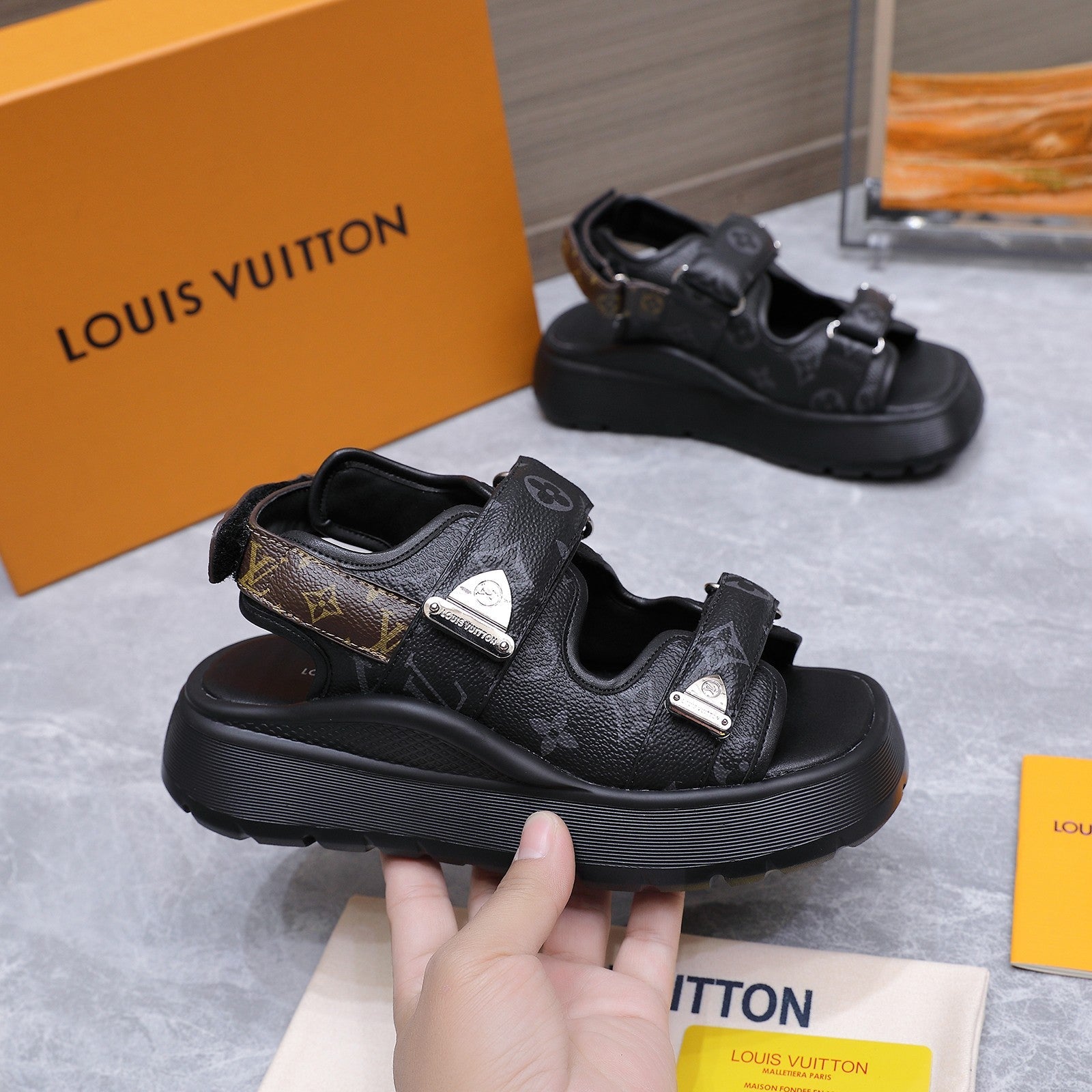 LV 26S CHAMELEON SANDALS 60MM IN BLACK MONOGRAM COATED CALFSKIN AND EVA