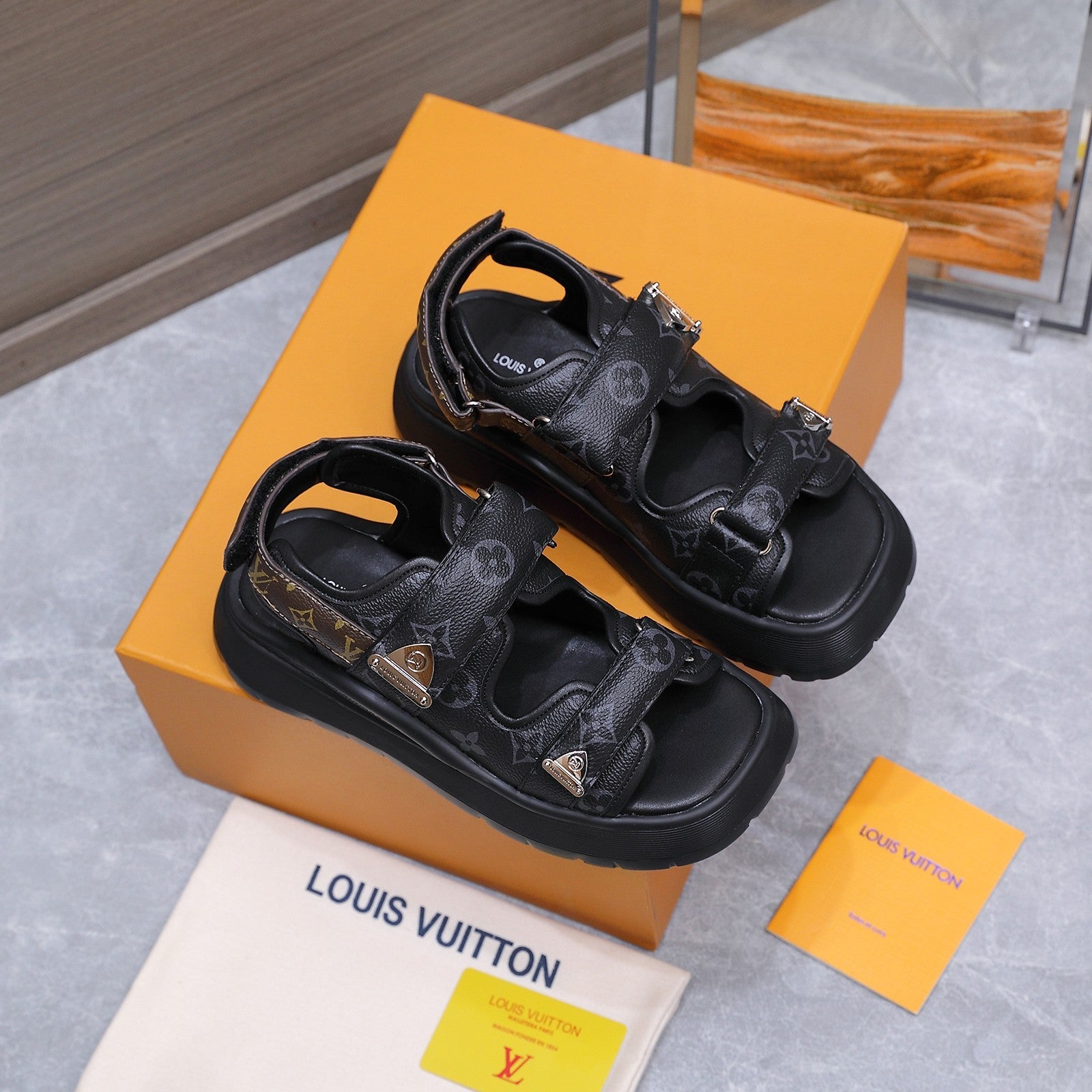 LV 26S CHAMELEON SANDALS 60MM IN BLACK MONOGRAM COATED CALFSKIN AND EVA
