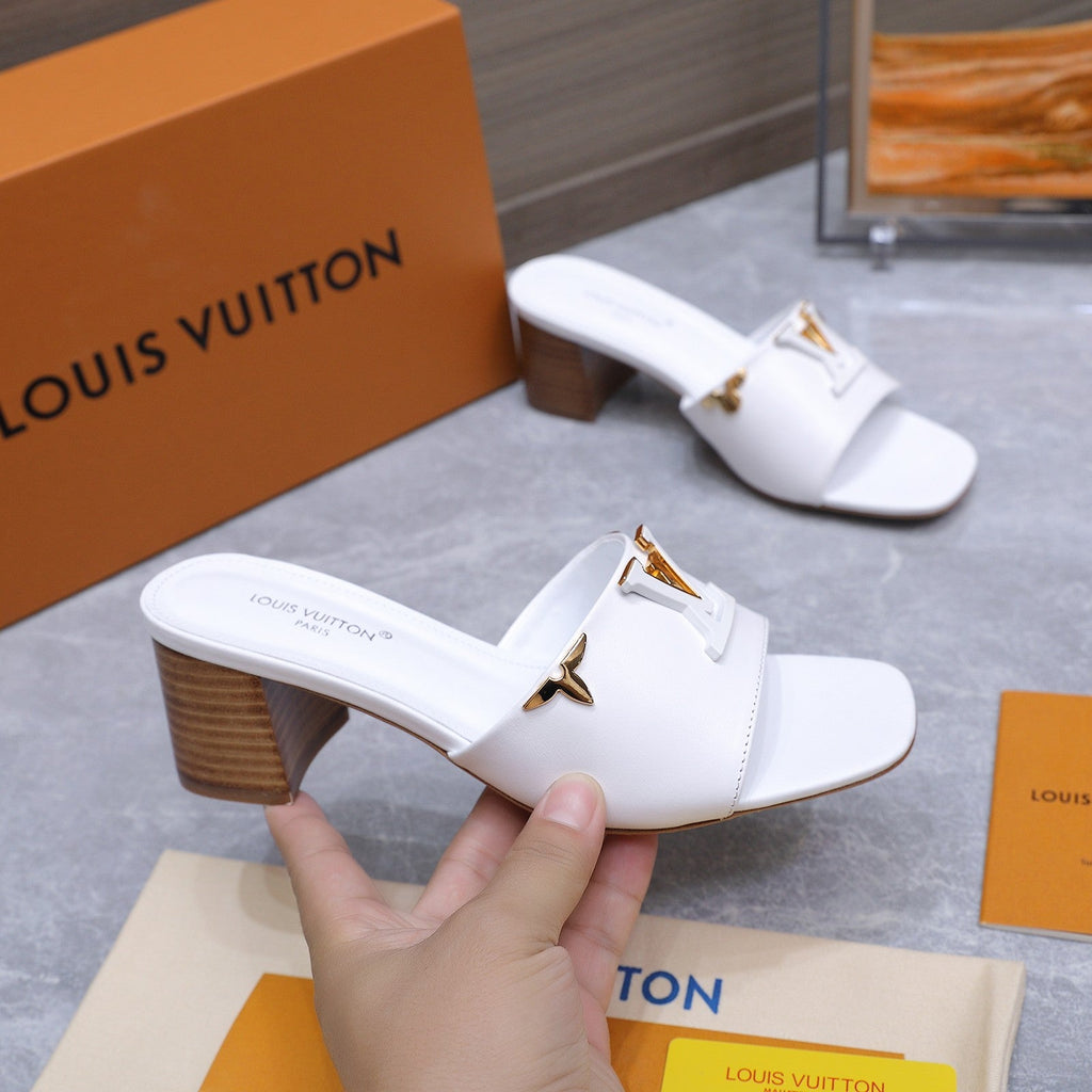 LV 26S BLOCK HEEL MULE SANDALS 55MM IN WHITE CALFSKIN GOLD HARDWARE