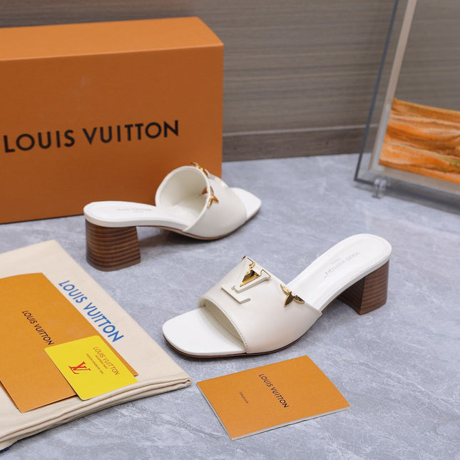 LV 26S BLOCK HEEL MULE SANDALS 55MM IN IVORY WHITE CALFSKIN GOLD HARDWARE