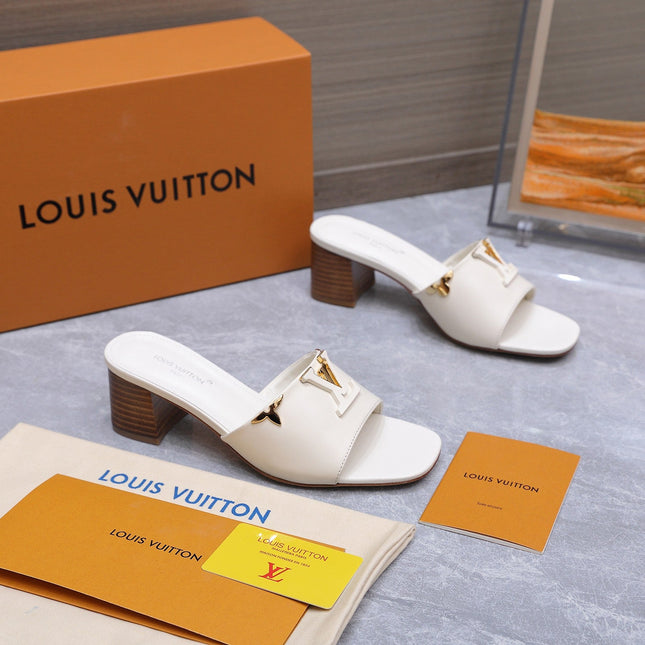 LV 26S BLOCK HEEL MULE SANDALS 55MM IN IVORY WHITE CALFSKIN GOLD HARDWARE