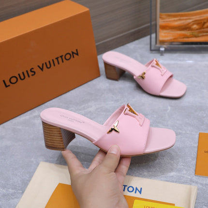 LV 26S BLOCK HEEL MULE SANDALS 55MM IN PINK BABY CALFSKIN GOLD HARDWARE