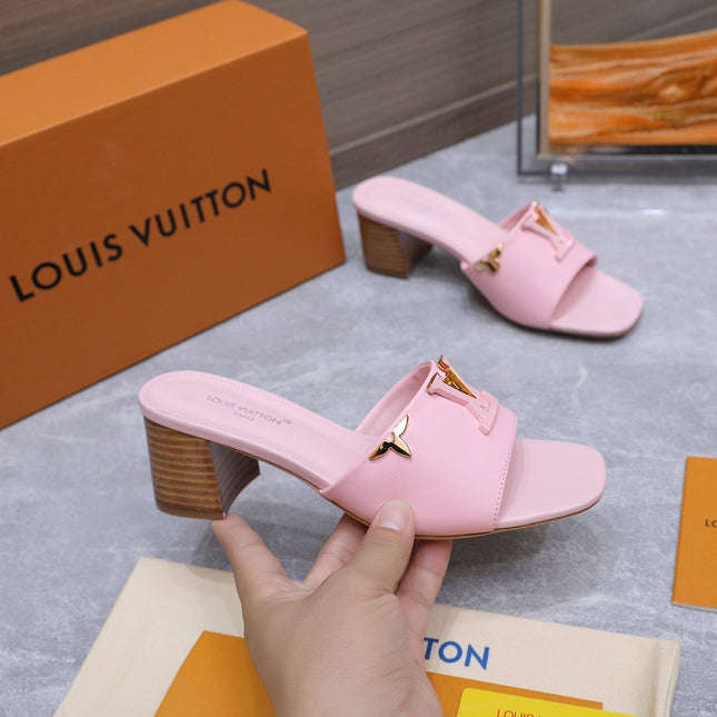 LV 26S BLOCK HEEL MULE SANDALS 55MM IN PINK BABY CALFSKIN GOLD HARDWARE