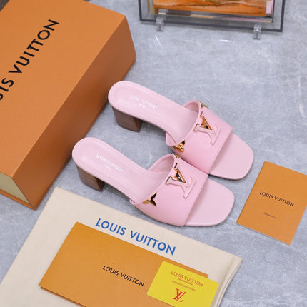 LV 26S BLOCK HEEL MULE SANDALS 55MM IN PINK BABY CALFSKIN GOLD HARDWARE