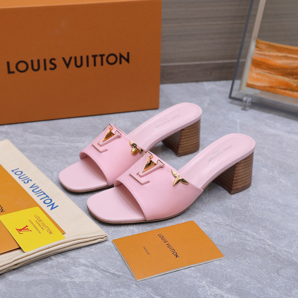 LV 26S BLOCK HEEL MULE SANDALS 55MM IN PINK BABY CALFSKIN GOLD HARDWARE