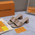LV 26S BLOCK HEEL MULE SANDALS 55MM IN NUDE BROWN CALFSKIN GOLD HARDWARE