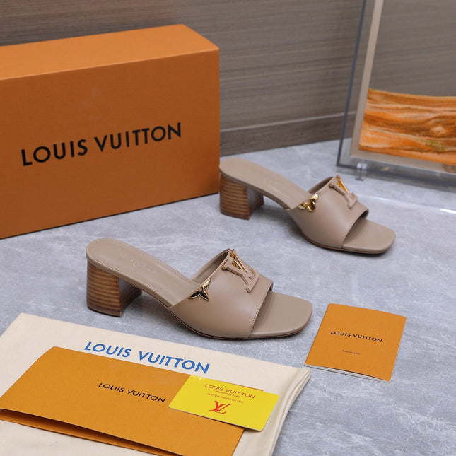 LV 26S BLOCK HEEL MULE SANDALS 55MM IN NUDE BROWN CALFSKIN GOLD HARDWARE
