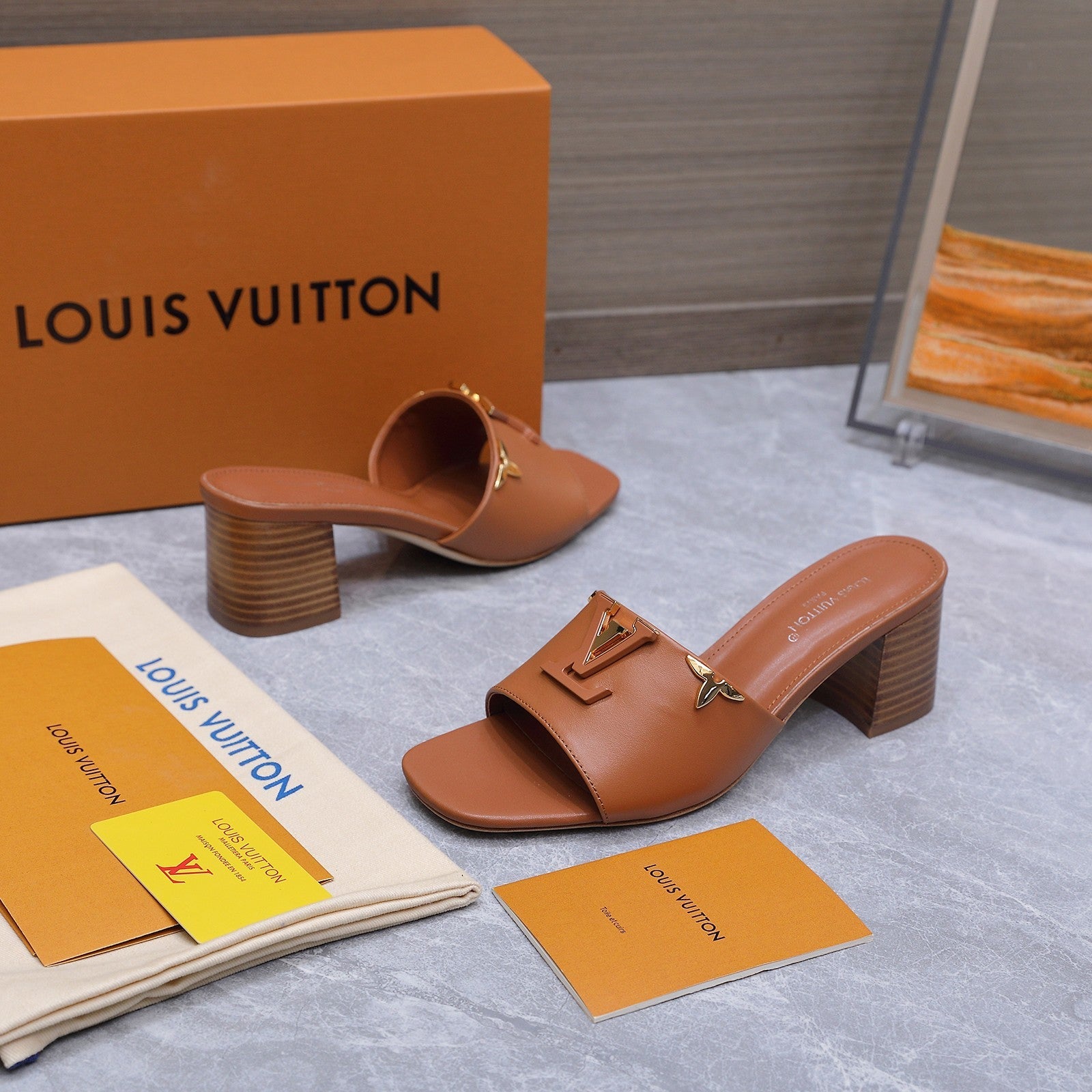 LV 26S BLOCK HEEL MULE SANDALS 55MM IN ORANGE BROWN CALFSKIN GOLD HARDWARE