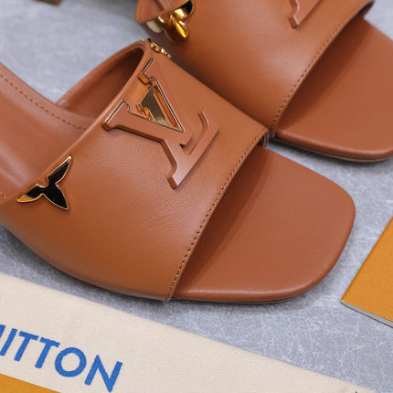 LV 26S BLOCK HEEL MULE SANDALS 55MM IN ORANGE BROWN CALFSKIN GOLD HARDWARE