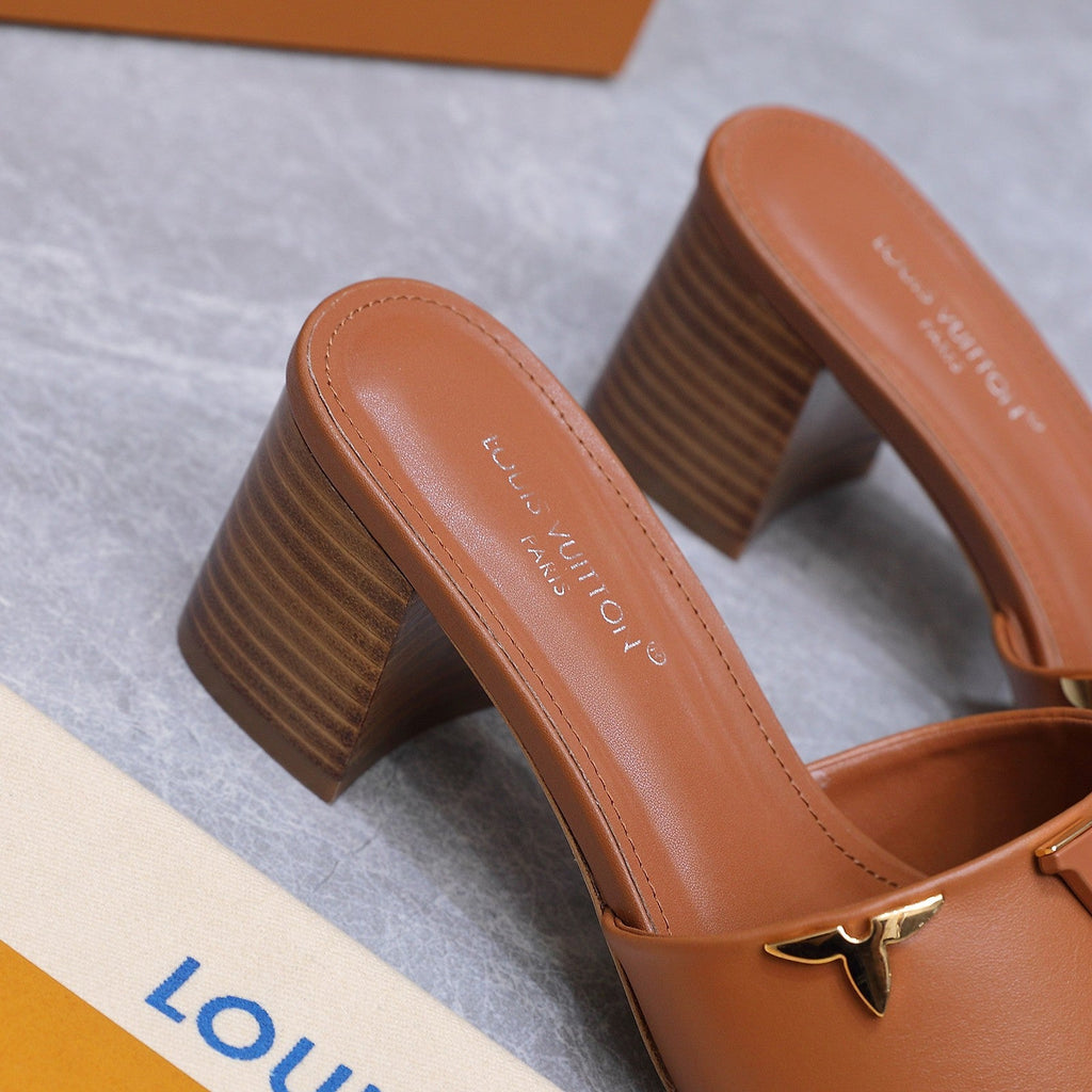LV 26S BLOCK HEEL MULE SANDALS 55MM IN ORANGE BROWN CALFSKIN GOLD HARDWARE