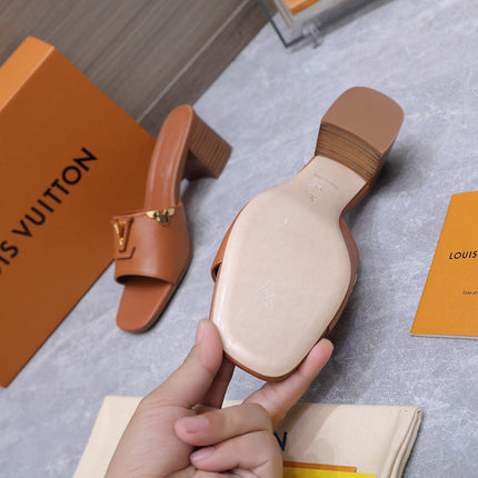 LV 26S BLOCK HEEL MULE SANDALS 55MM IN ORANGE BROWN CALFSKIN GOLD HARDWARE