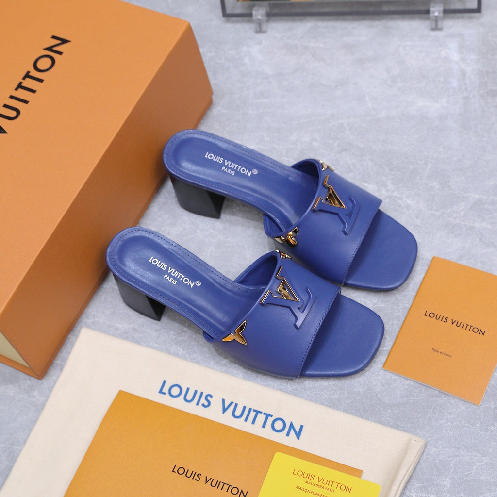 LV 26S BLOCK HEEL MULE SANDALS 55MM IN DARK BLUE CALFSKIN GOLD HARDWARE