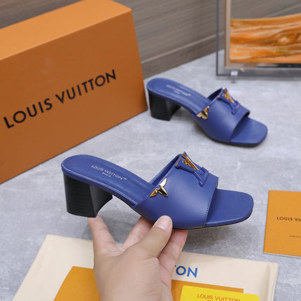 LV 26S BLOCK HEEL MULE SANDALS 55MM IN DARK BLUE CALFSKIN GOLD HARDWARE