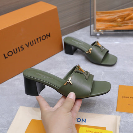 LV 26S BLOCK HEEL MULE SANDALS 55MM IN OLIVE GREEN CALFSKIN GOLD HARDWARE