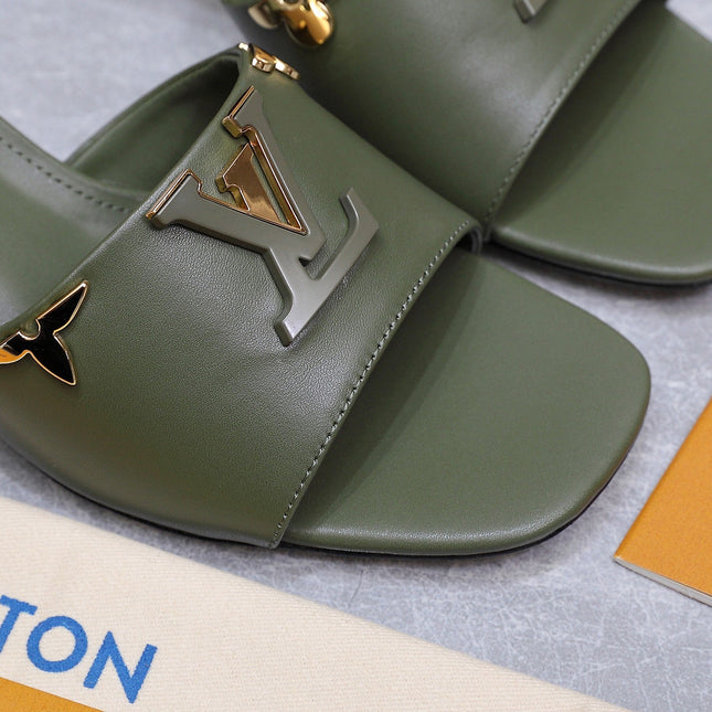 LV 26S BLOCK HEEL MULE SANDALS 55MM IN OLIVE GREEN CALFSKIN GOLD HARDWARE