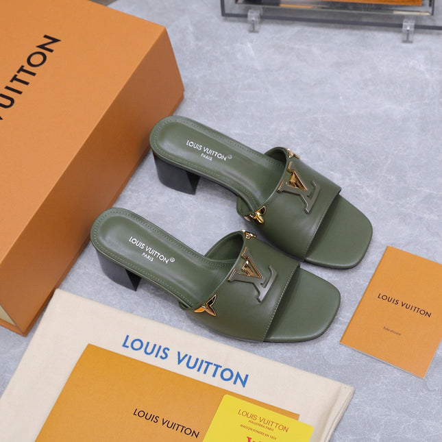 LV 26S BLOCK HEEL MULE SANDALS 55MM IN OLIVE GREEN CALFSKIN GOLD HARDWARE