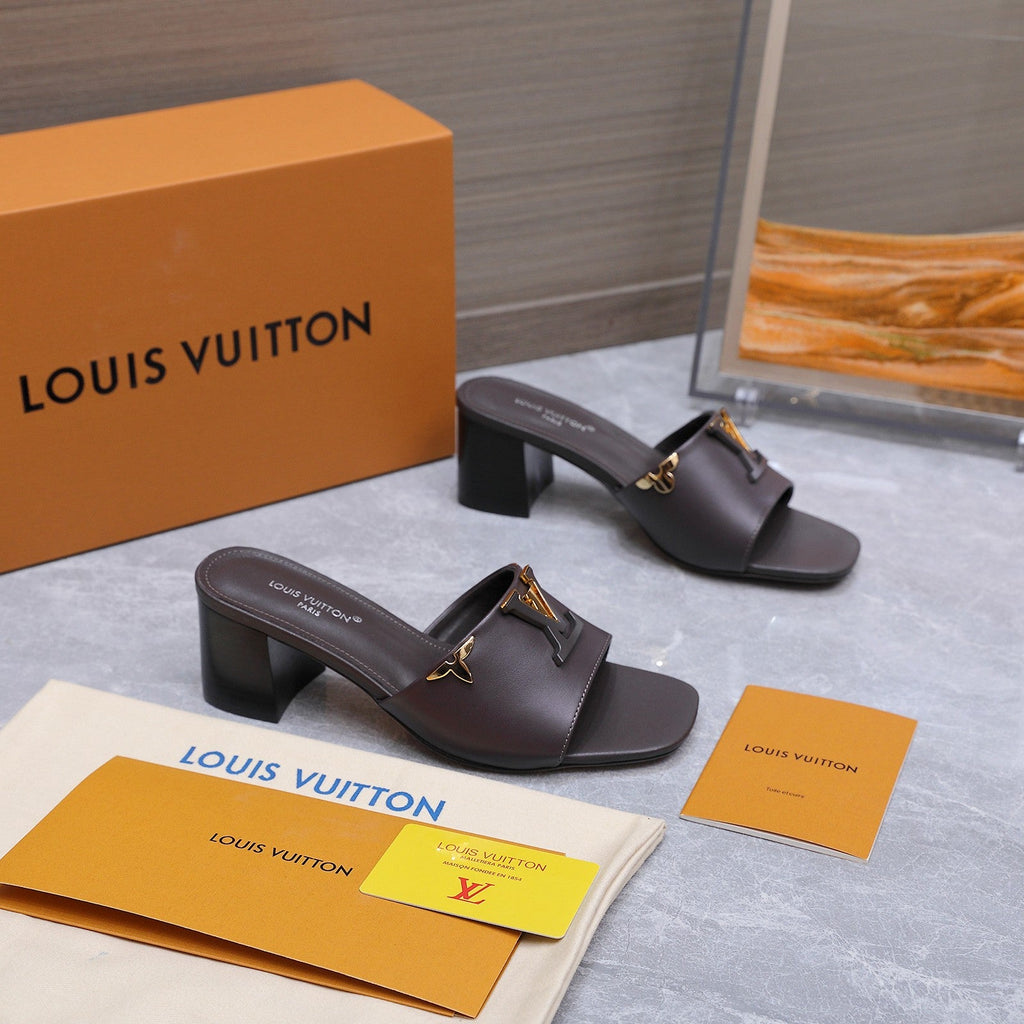 LV 26S BLOCK HEEL MULE SANDALS 55MM IN DARK BROWN CALFSKIN GOLD HARDWARE