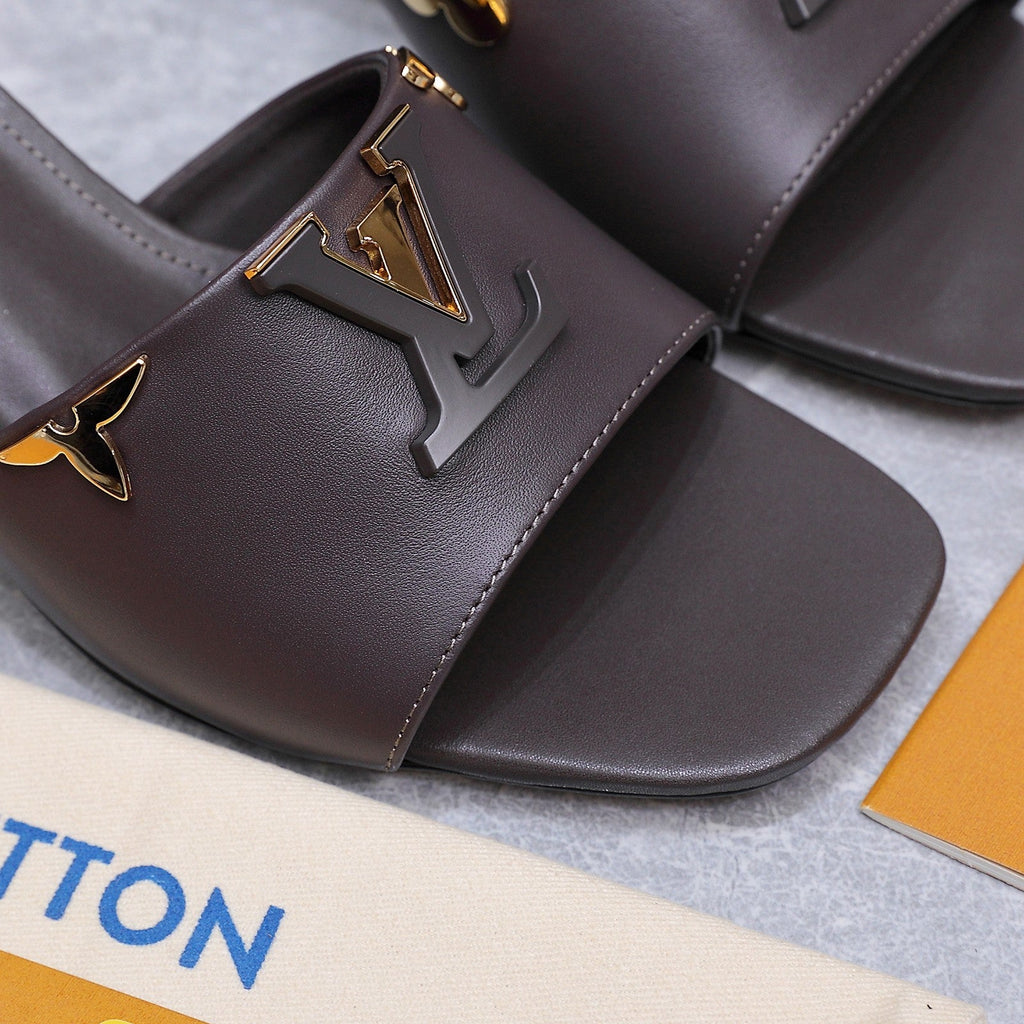 LV 26S BLOCK HEEL MULE SANDALS 55MM IN DARK BROWN CALFSKIN GOLD HARDWARE