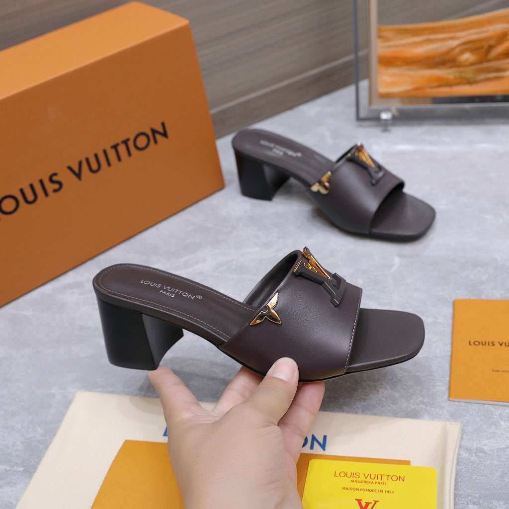 LV 26S BLOCK HEEL MULE SANDALS 55MM IN DARK BROWN CALFSKIN GOLD HARDWARE