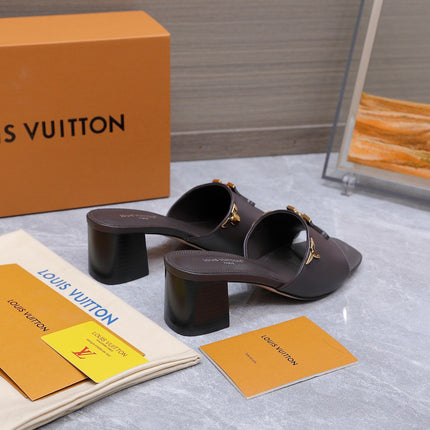 LV 26S BLOCK HEEL MULE SANDALS 55MM IN DARK BROWN CALFSKIN GOLD HARDWARE
