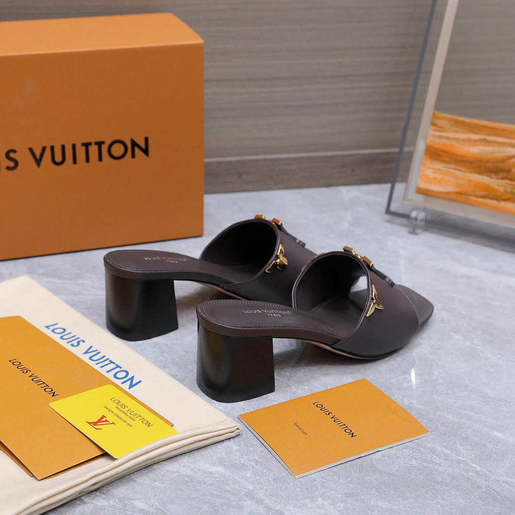 LV 26S BLOCK HEEL MULE SANDALS 55MM IN DARK BROWN CALFSKIN GOLD HARDWARE