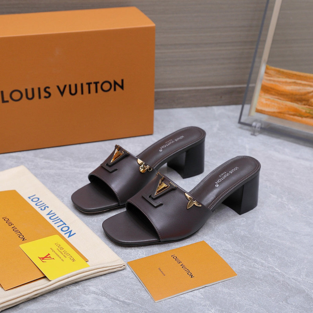 LV 26S BLOCK HEEL MULE SANDALS 55MM IN DARK BROWN CALFSKIN GOLD HARDWARE