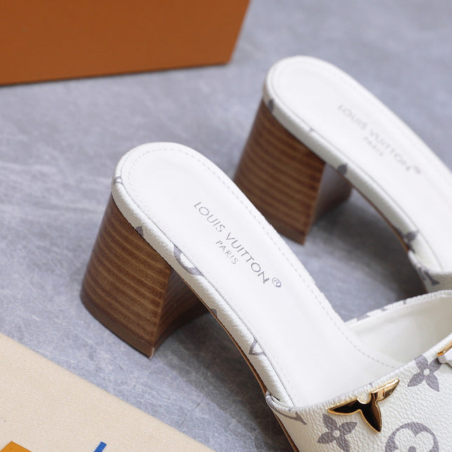 LV 26S BLOCK HEEL MULE SANDALS 55MM IN WHITE MONOGRAM CALFSKIN GOLD HARDWARE
