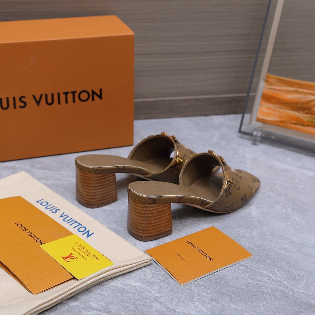 LV 26S BLOCK HEEL MULE SANDALS 55MM IN BROWN MONOGRAM CALFSKIN GOLD HARDWARE