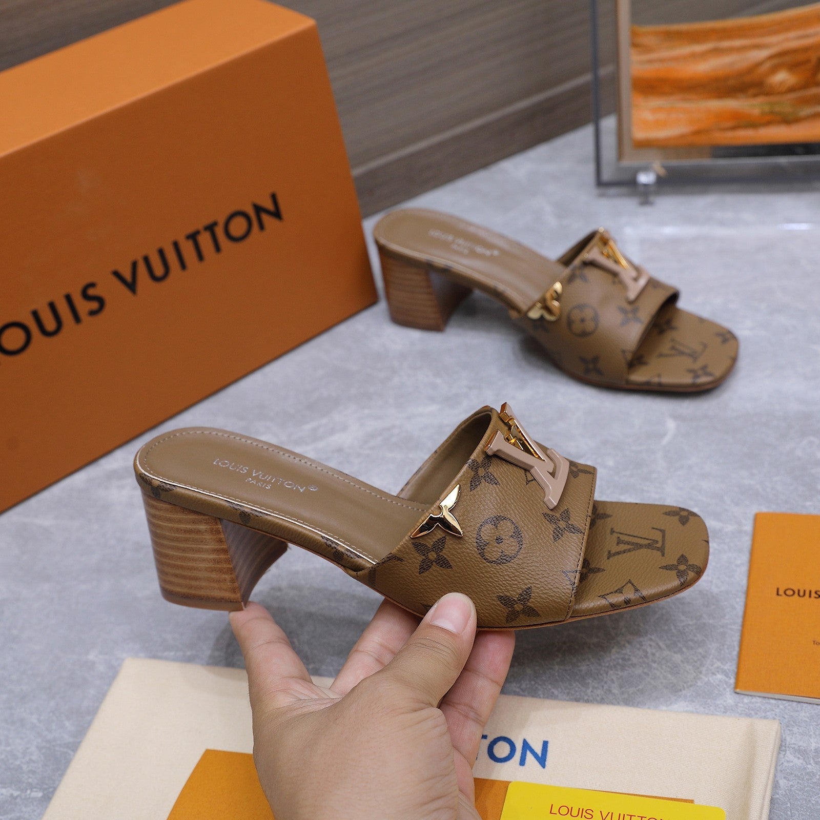 LV 26S BLOCK HEEL MULE SANDALS 55MM IN BROWN MONOGRAM CALFSKIN GOLD HARDWARE
