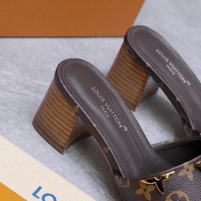 LV 26S BLOCK HEEL MULE SANDALS 55MM IN DARK BROWN MONOGRAM CALFSKIN GOLD HARDWARE